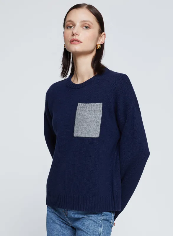 Colorblock Pocket Crew Sweater in New Navy sold by Stateside