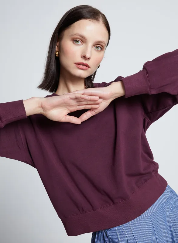 Softest Fleece Cropped Pleated Sleeve Pullover in Cherry Liquor sold by Stateside