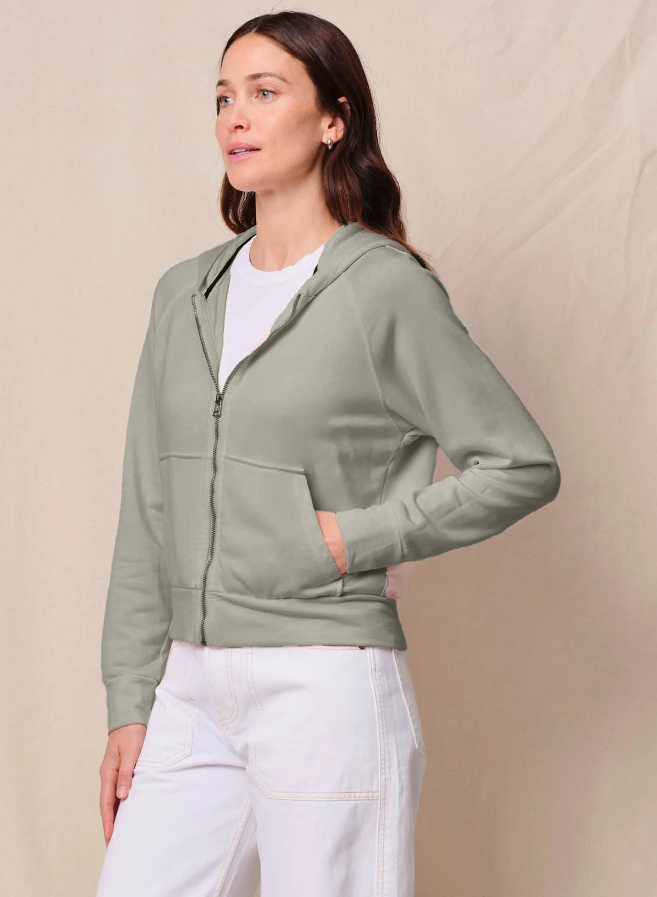 Softest Fleece Raglan Hood Zip Up in Thyme sold by Stateside