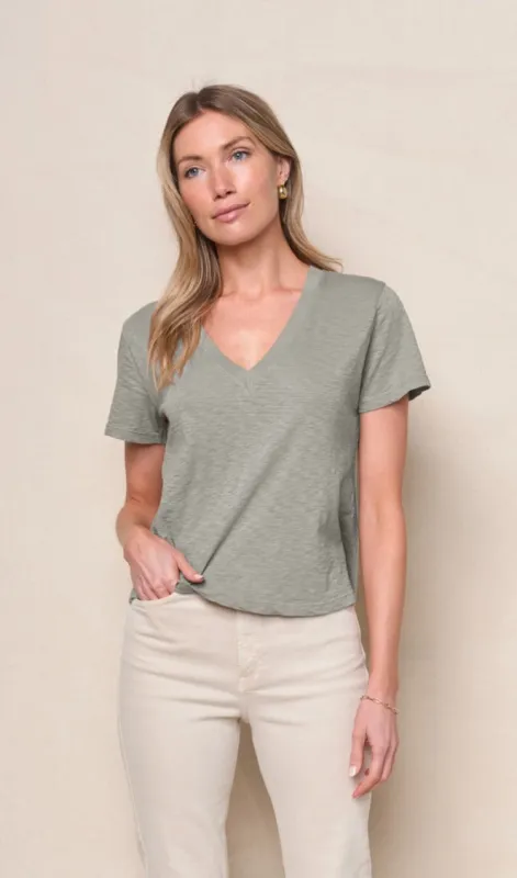 Supima Slub Jersey Short Sleeve V-Neck in Thyme sold by Stateside