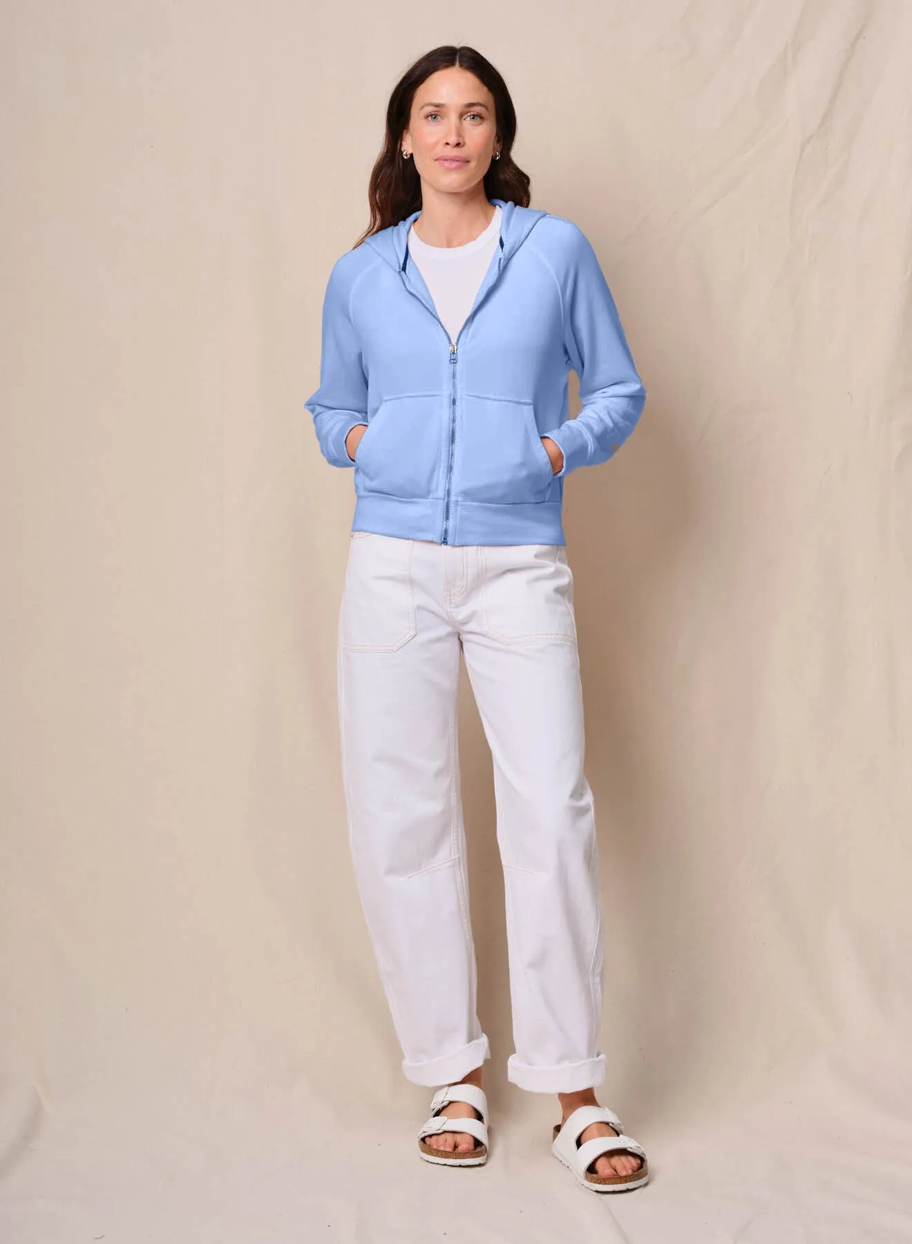 Softest Fleece Raglan Hood Zip Up in Summer Sky sold by Stateside