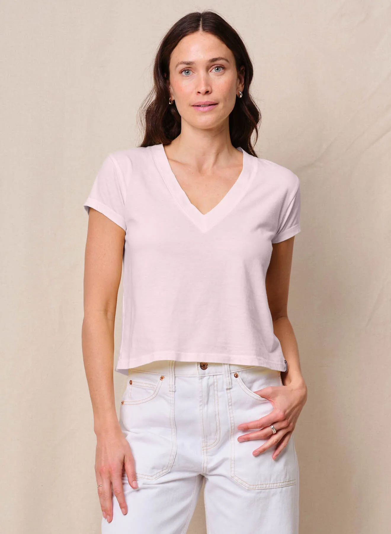 Cloud Jersey Short Sleeve V-Neck in Softest Pink sold by Stateside