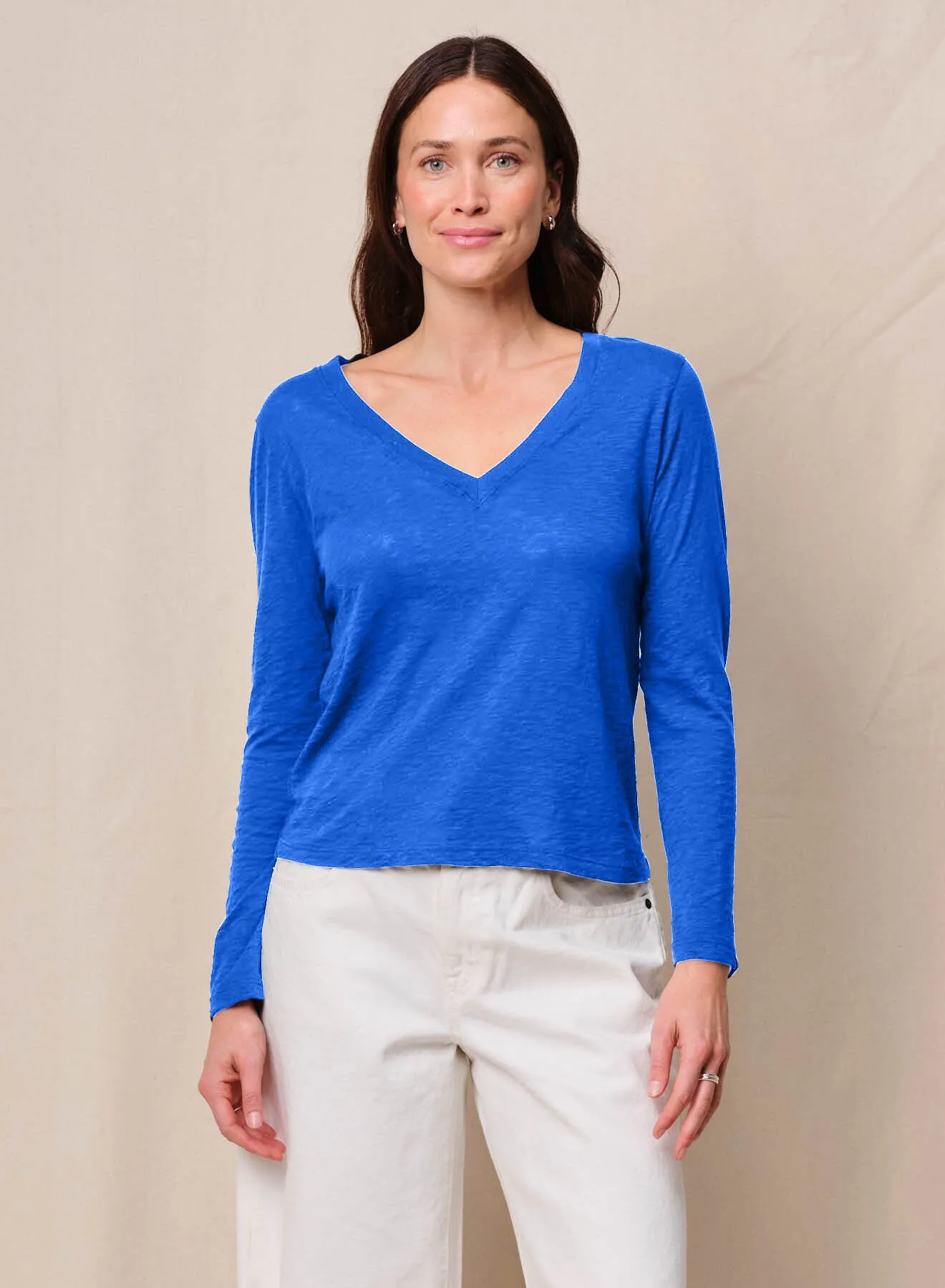 Supima Cotton Slub Jersey Long Sleeve V-Neck in Cobalt sold by Stateside