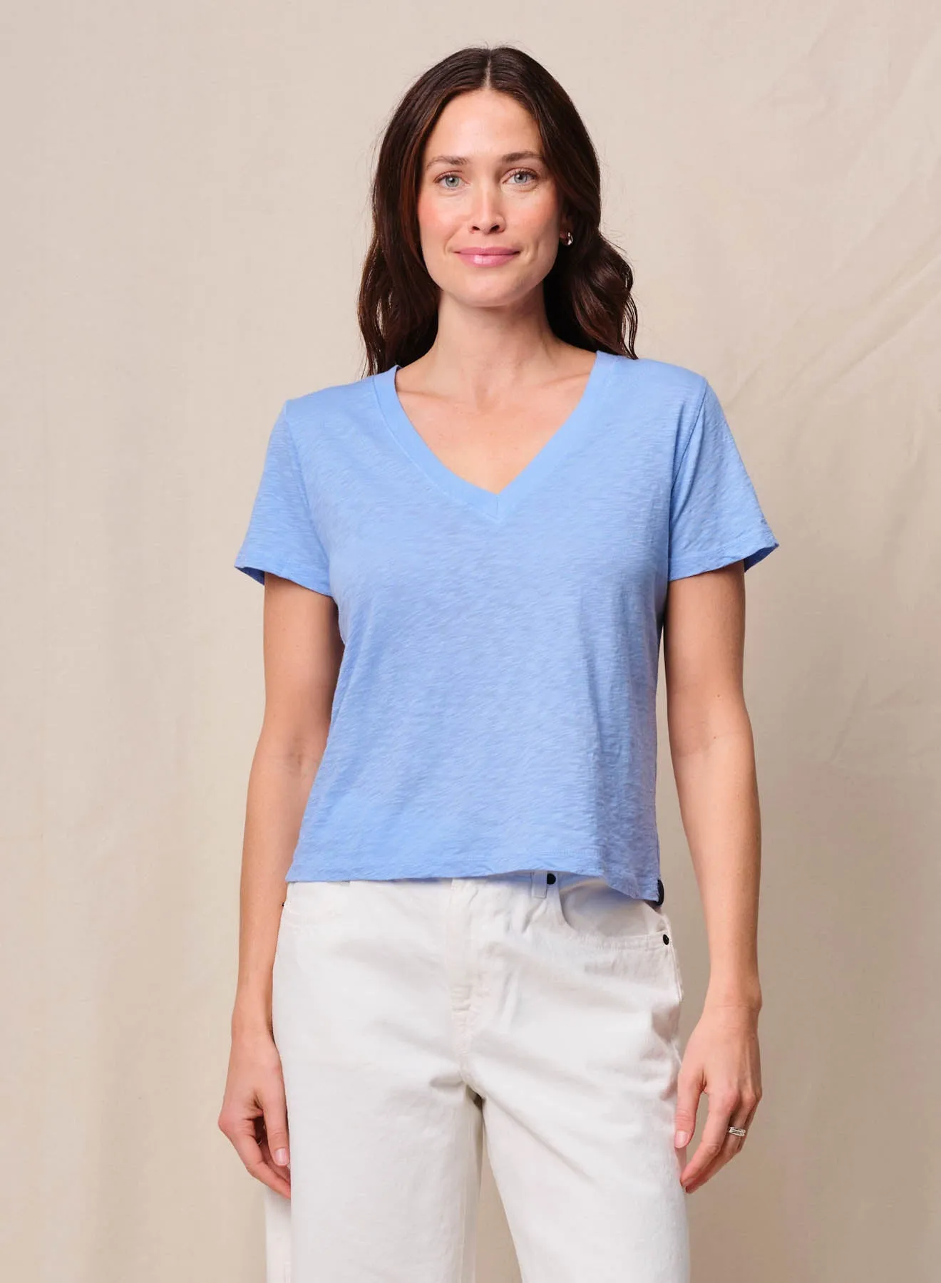 Supima Slub Jersey Short Sleeve V-Neck in Summer Sky sold by Stateside