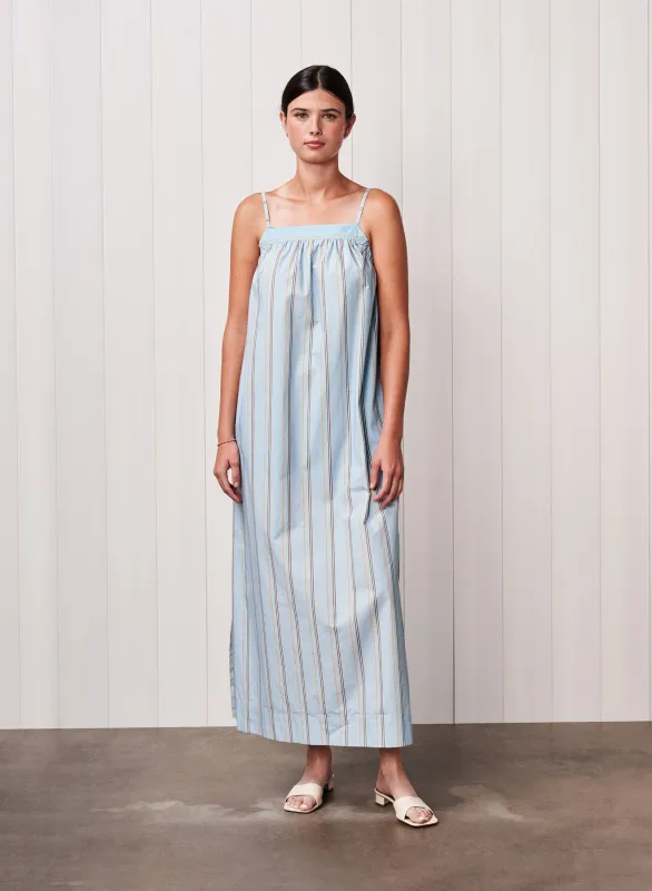 Column Stripe Poplin Maxi Dress in Blue Multi Stripe sold by Stateside