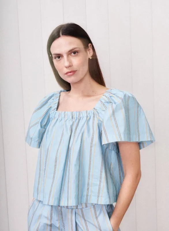 Column Stripe Poplin Swing Top in Blue Multi Stripe made by Stateside
