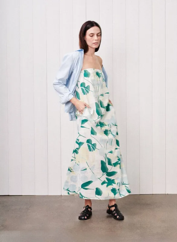 Blossom Printed Linen Column Maxi Dress in Blue Blossom sold by Stateside