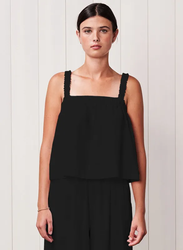 Linen Ruched Shoulder Tank in Black sold by Stateside