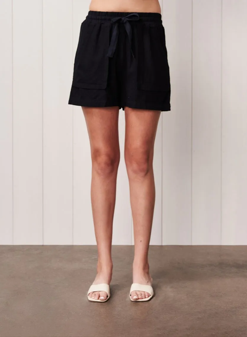 Linen Patch Pocket Drawstring Short in Black sold by Stateside