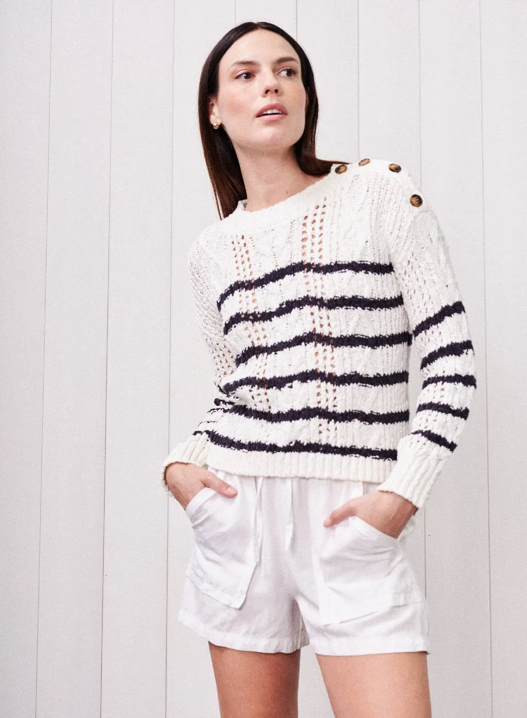 Striped Long Sleeve Crew Sweater in Cream sold by Stateside product image thumbnail 5