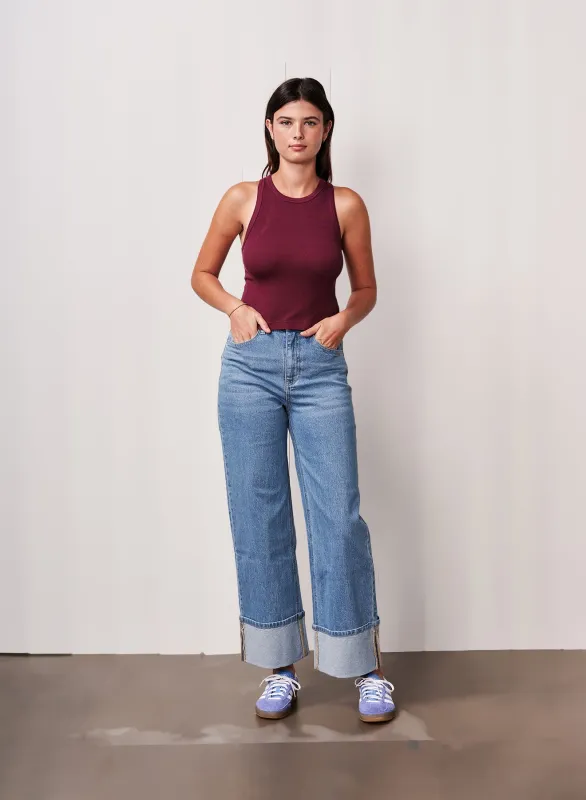 Fine 2X1 Rib Cropped High Neck in Cassis sold by Stateside