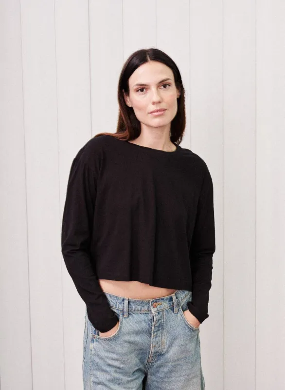 Cloud Jersey Long Sleeve Boxy Crew in Black sold by Stateside