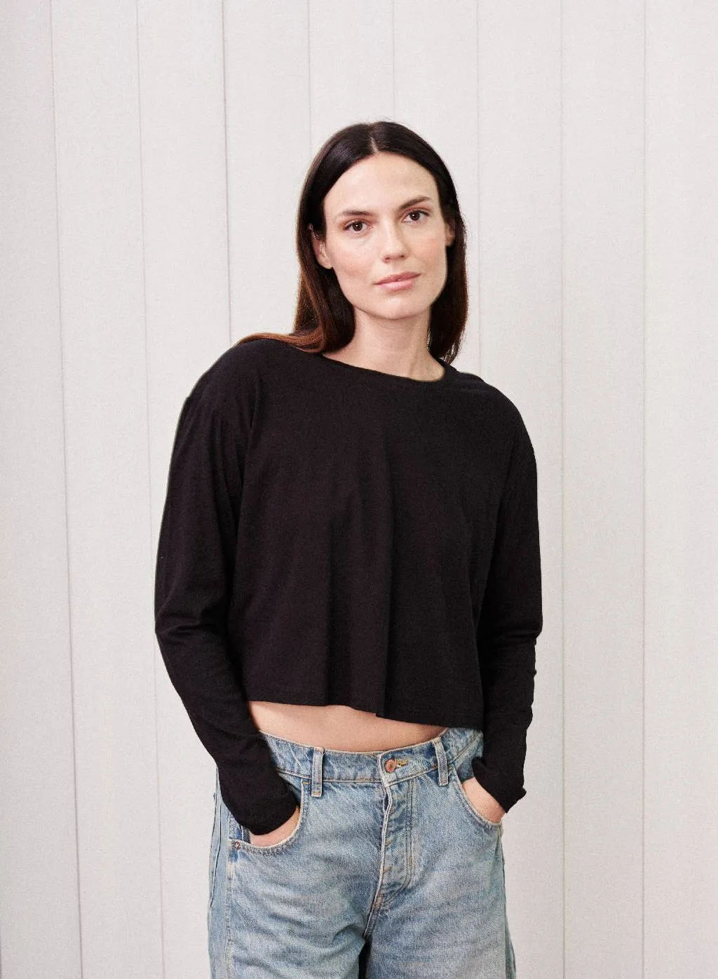 Cloud Jersey Long Sleeve Boxy Crew in Black sold by Stateside