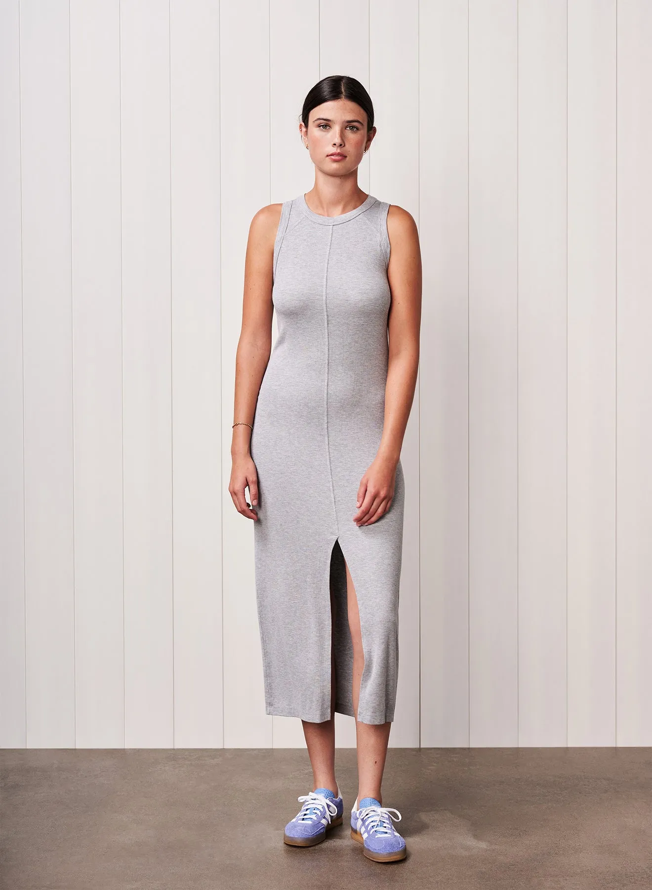 Fine 2X1 Rib Front Slit Midi Dress in Heather Grey sold by Stateside product image thumbnail 3