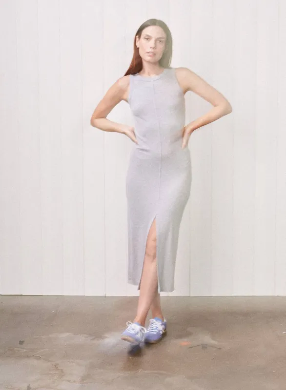 Fine 2X1 Rib Front Slit Midi Dress in Heather Grey sold by Stateside