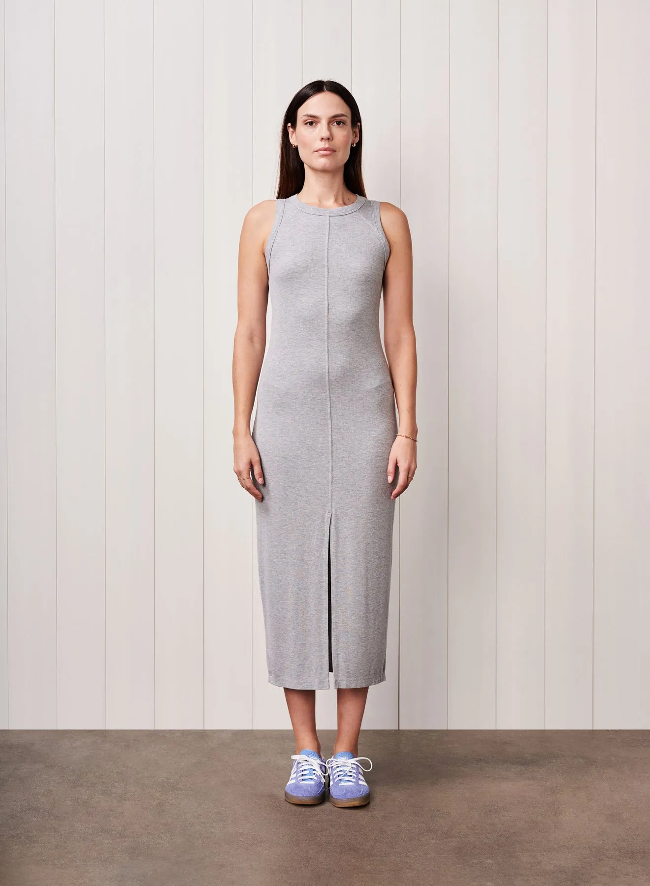 Fine 2X1 Rib Front Slit Midi Dress in Heather Grey sold by Stateside product image thumbnail 4