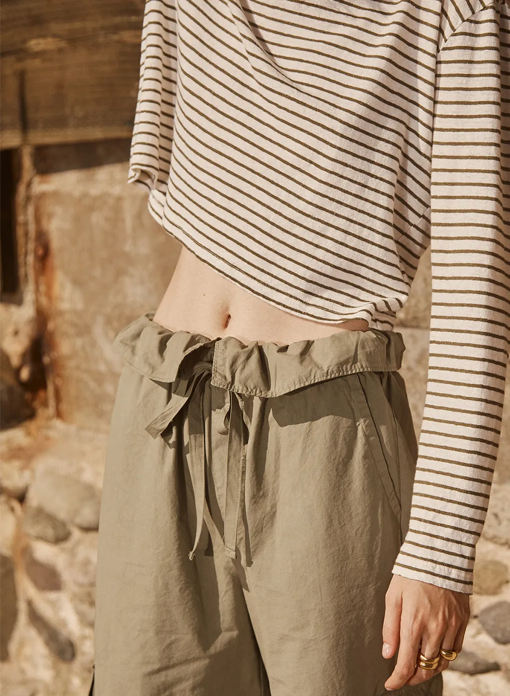 Linen Cotton Jersey Long Sleeve Cropped Boatneck & Fine Poplin Foldover Cargo Pant Set in Fern sold by Stateside product image thumbnail 3