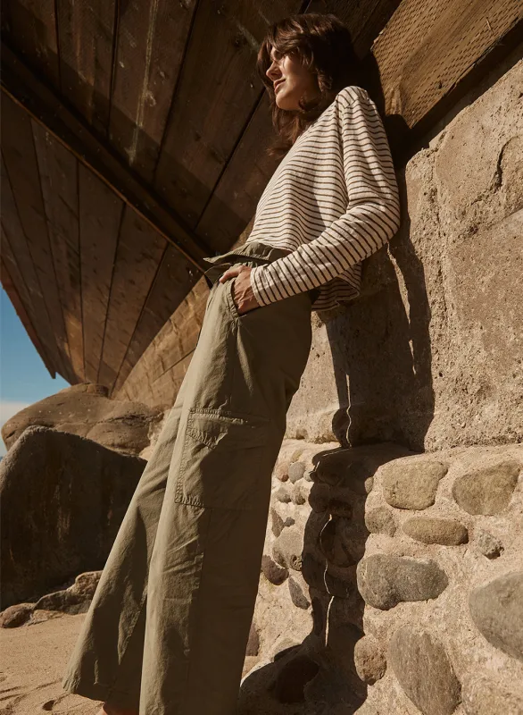 Linen Cotton Jersey Long Sleeve Cropped Boatneck & Fine Poplin Foldover Cargo Pant Set in Fern sold by Stateside