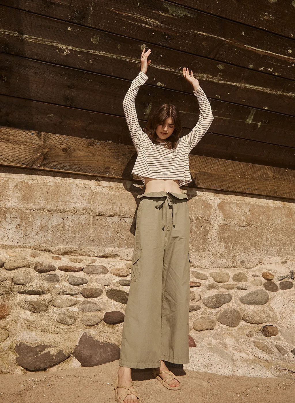 Linen Cotton Jersey Long Sleeve Cropped Boatneck & Fine Poplin Foldover Cargo Pant Set in Fern sold by Stateside product image thumbnail 2