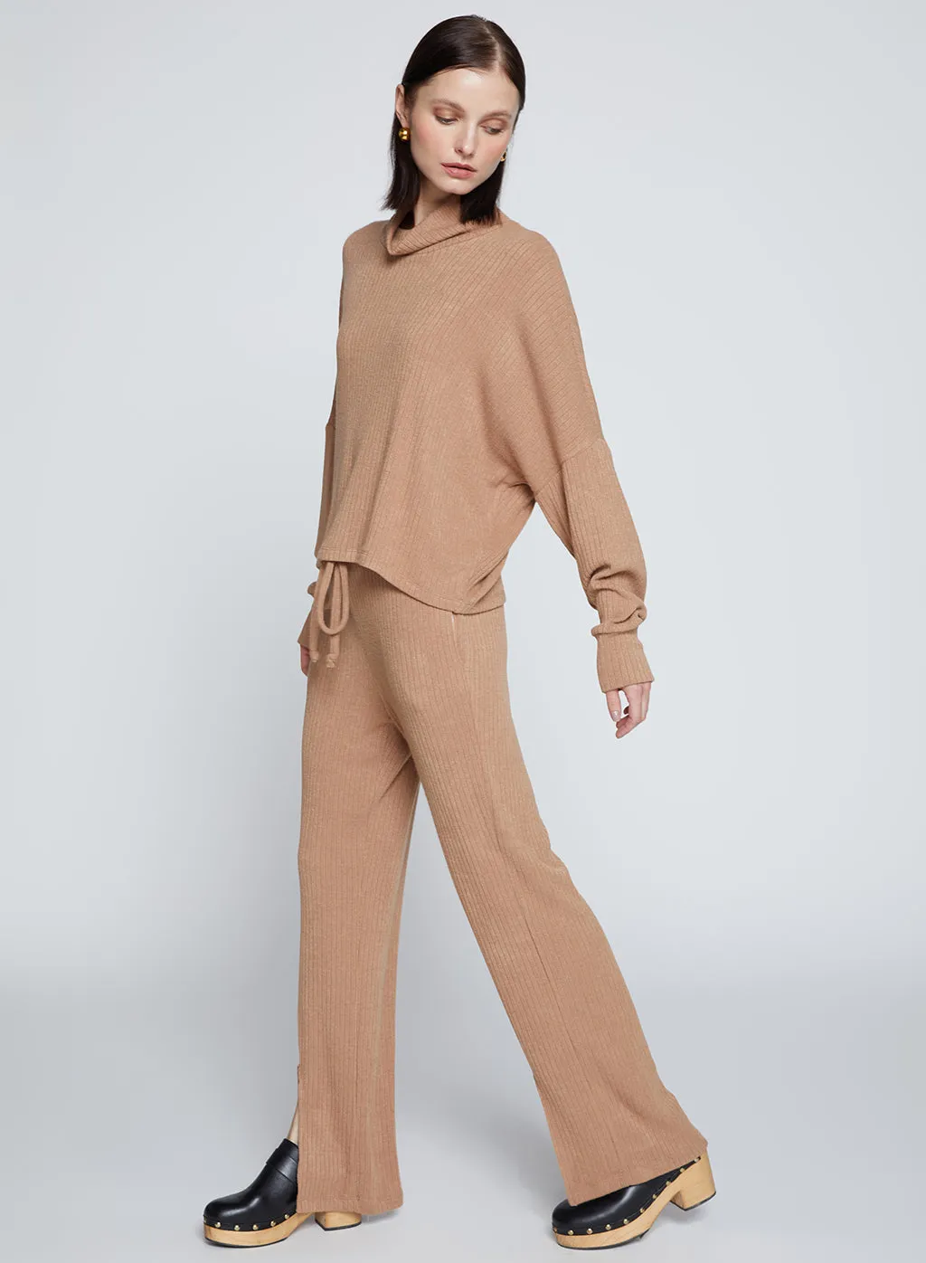 Rachel Chunky Rib Cropped Dolman Top & Front Slit Tie Pant Set in Toffee sold by Stateside product image thumbnail 3