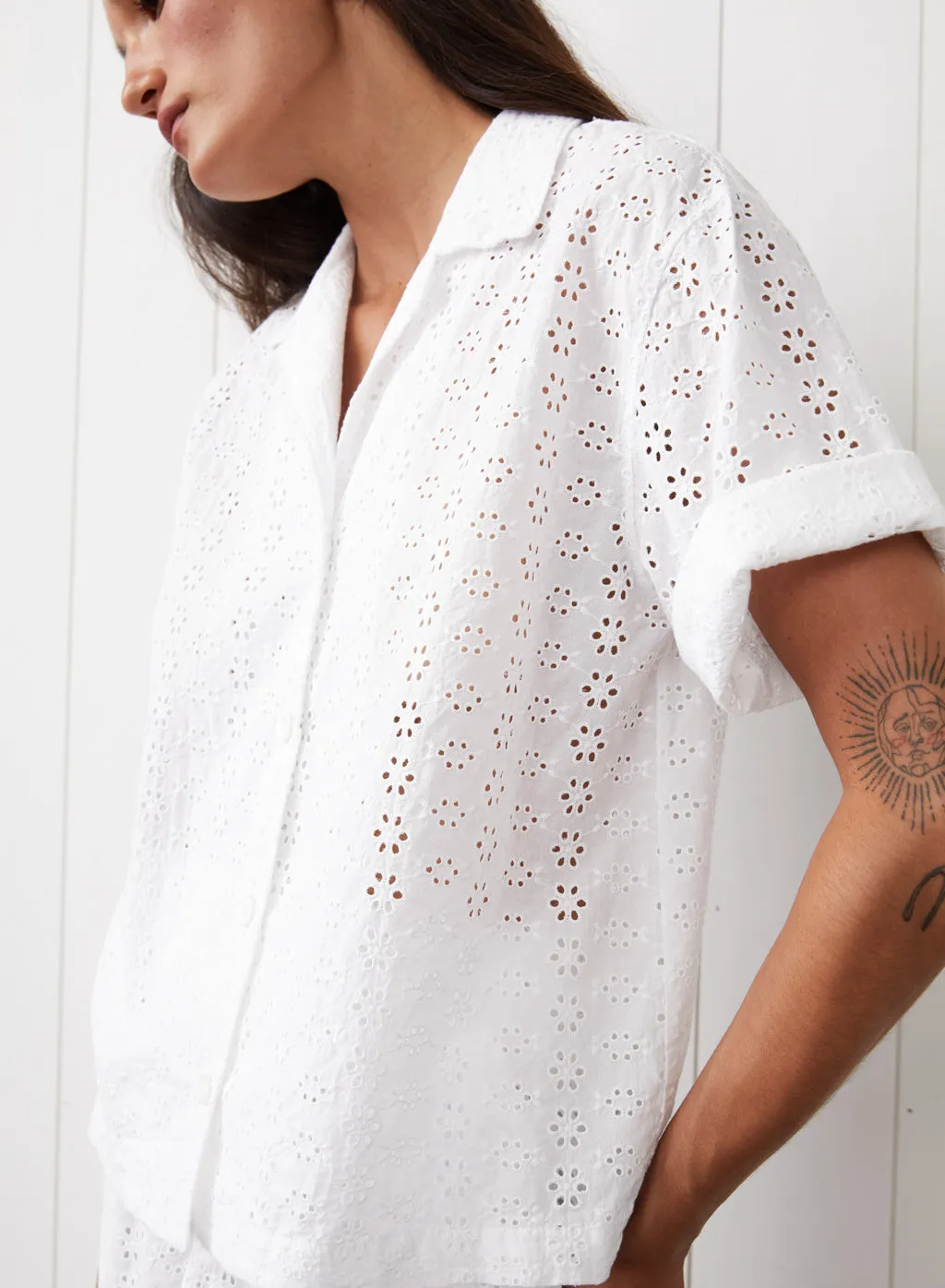 Eyelit Camp Shirt & Midi Skirt Set in White sold by Stateside product image thumbnail 3