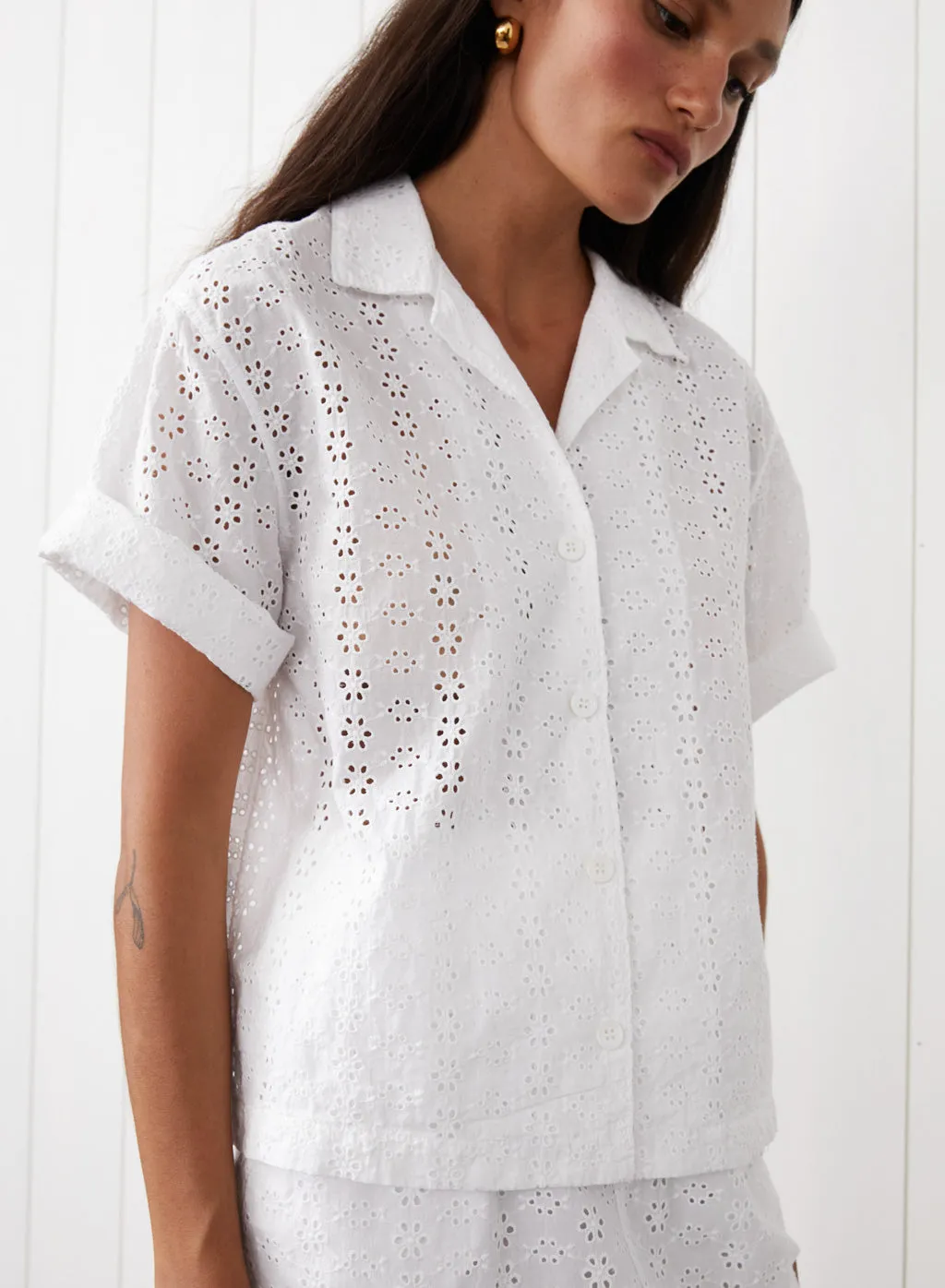 Eyelit Camp Shirt & Midi Skirt Set in White sold by Stateside product image thumbnail 4