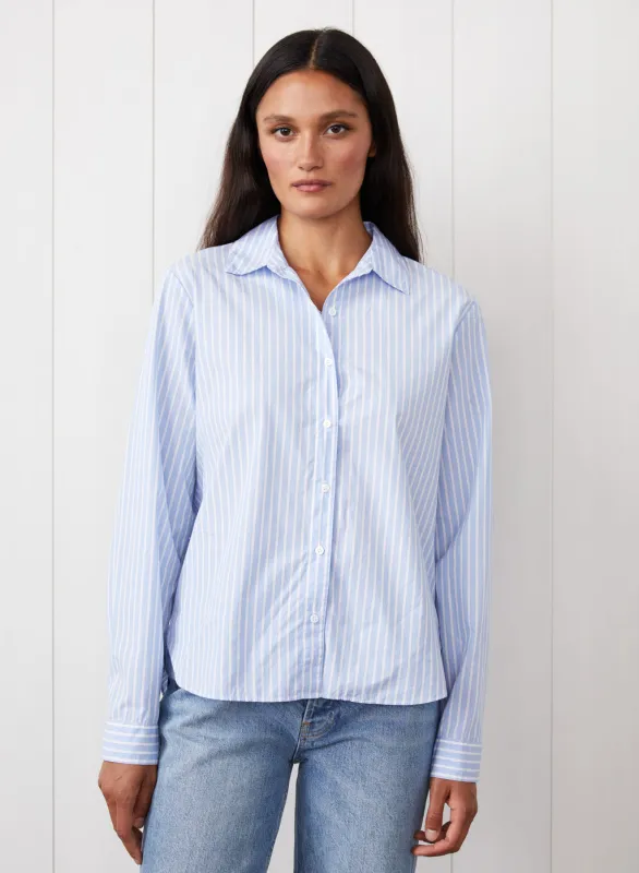Iberus Stripe Poplin Slit Back Shirt in Clear Sky Stripe sold by Stateside