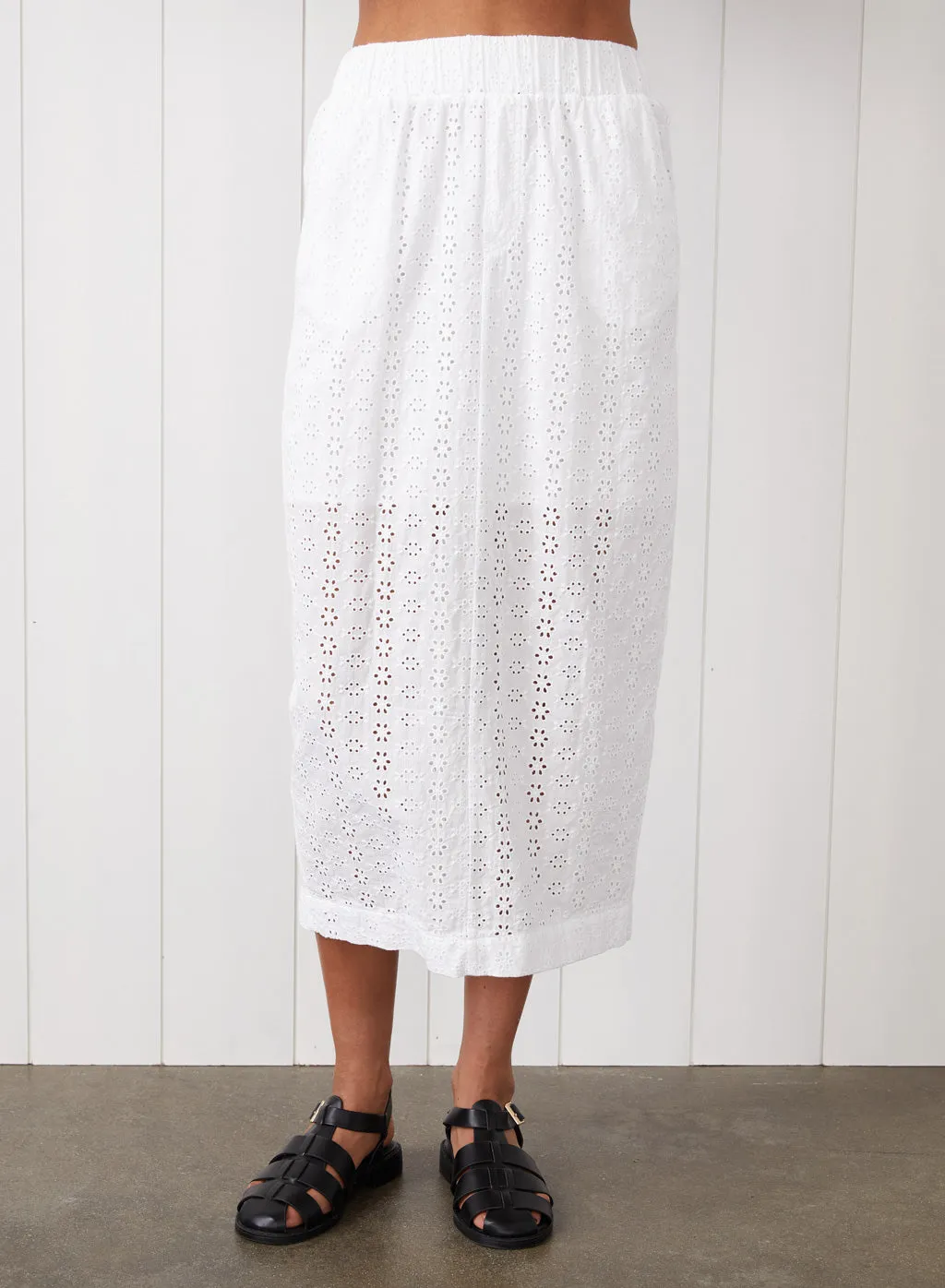Eyelit Midi Skirt in White sold by Stateside
