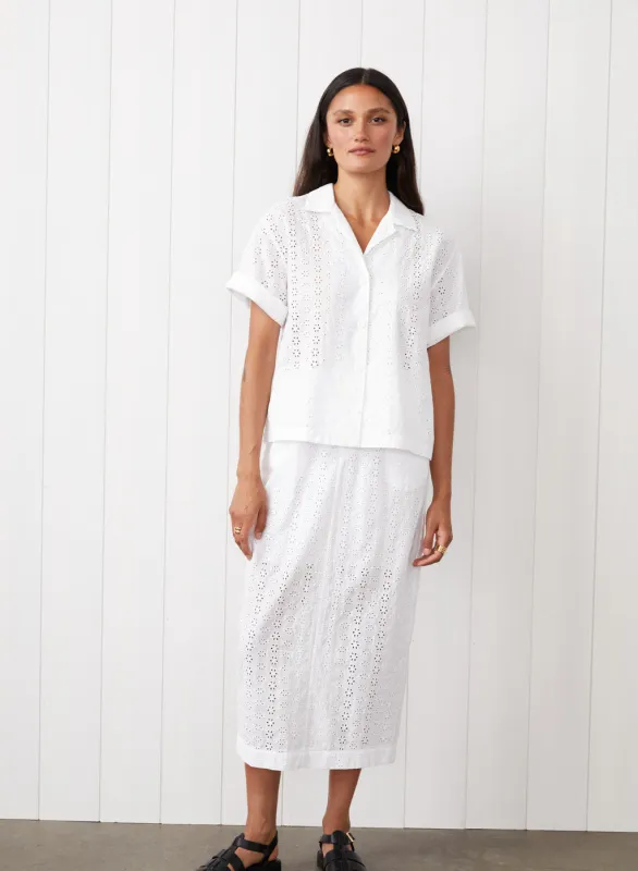 Eyelit Camp Shirt in White sold by Stateside
