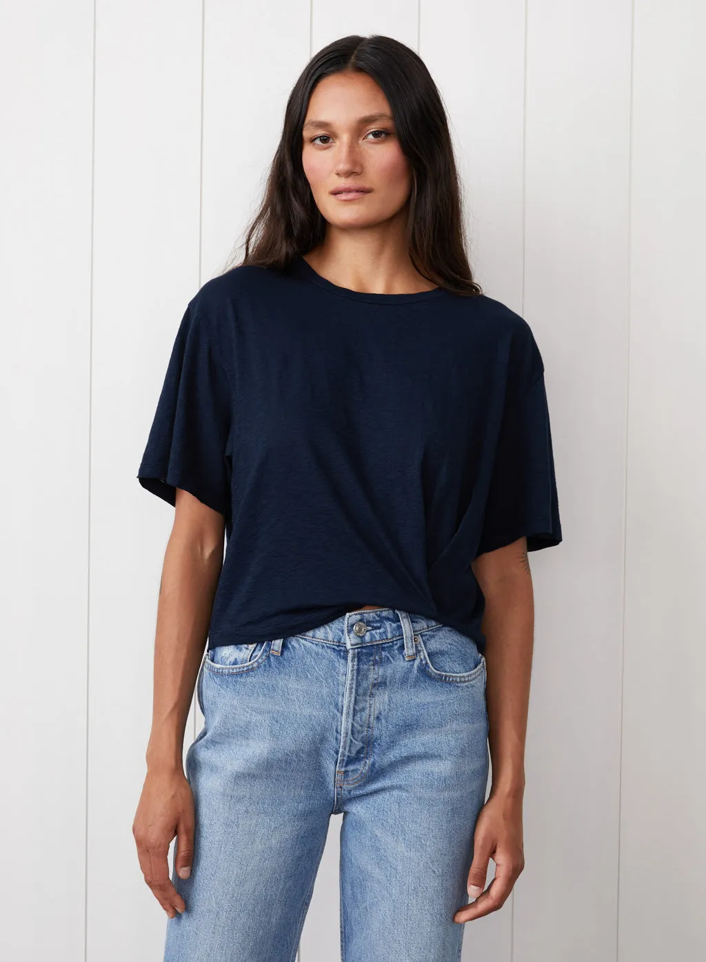 Supima Slub Short Sleeve Twist Cropped Top in New Navy sold by Stateside