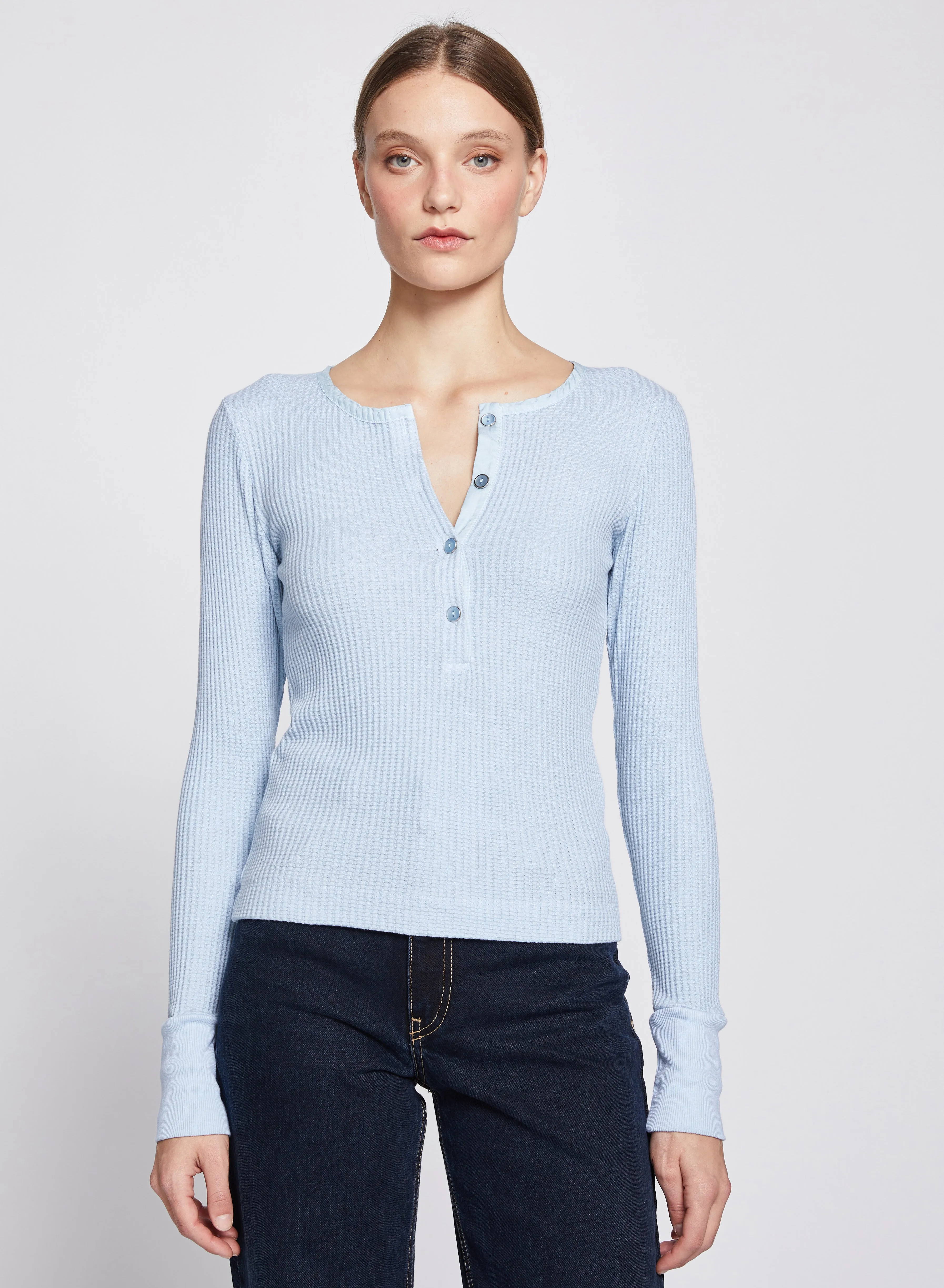 Luxe Thermal Deep Henley in Winter Sky sold by Stateside