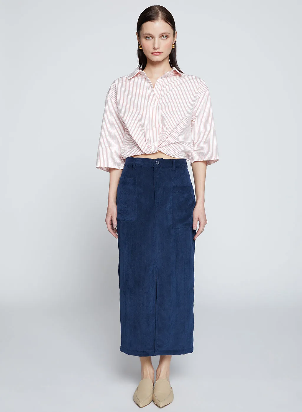 Schoolboy Cord Skirt in New Navy sold by Stateside