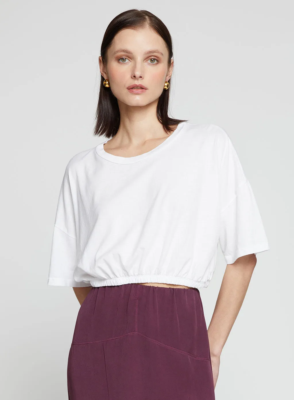 Cloud Jersey Cropped Elastic Hem Top in White sold by Stateside
