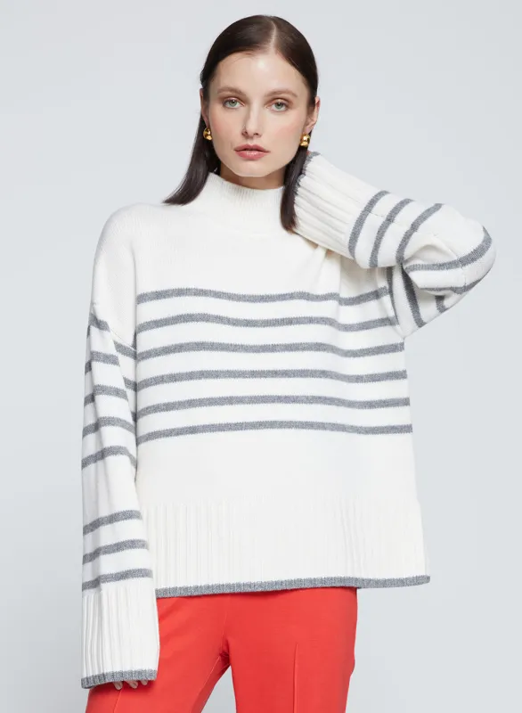 Grey Striped Mock Neck Sweater in Cream sold by Stateside