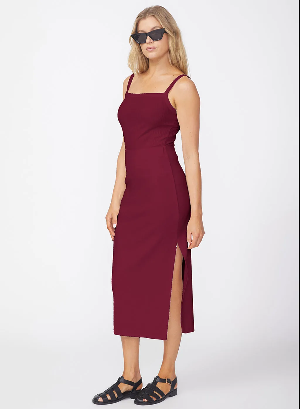 Luxe 2x1 Rib Side Slit Midi Skirt in Bordeaux sold by Stateside product image thumbnail 2