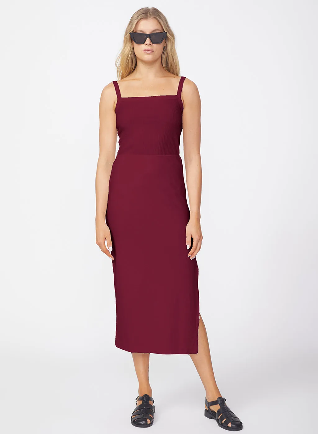 Luxe 2x1 Rib Side Slit Midi Skirt in Bordeaux sold by Stateside