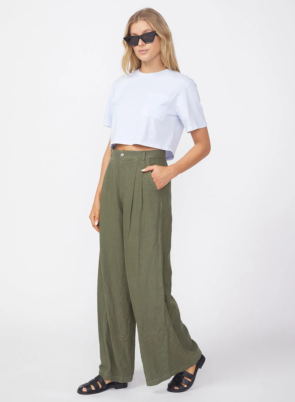 Linen Wide Leg Trouser in Fern sold by Stateside