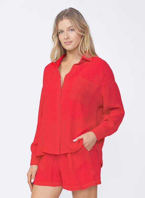 Gauze Oversized Shirt in Cherry Pie sold by Stateside