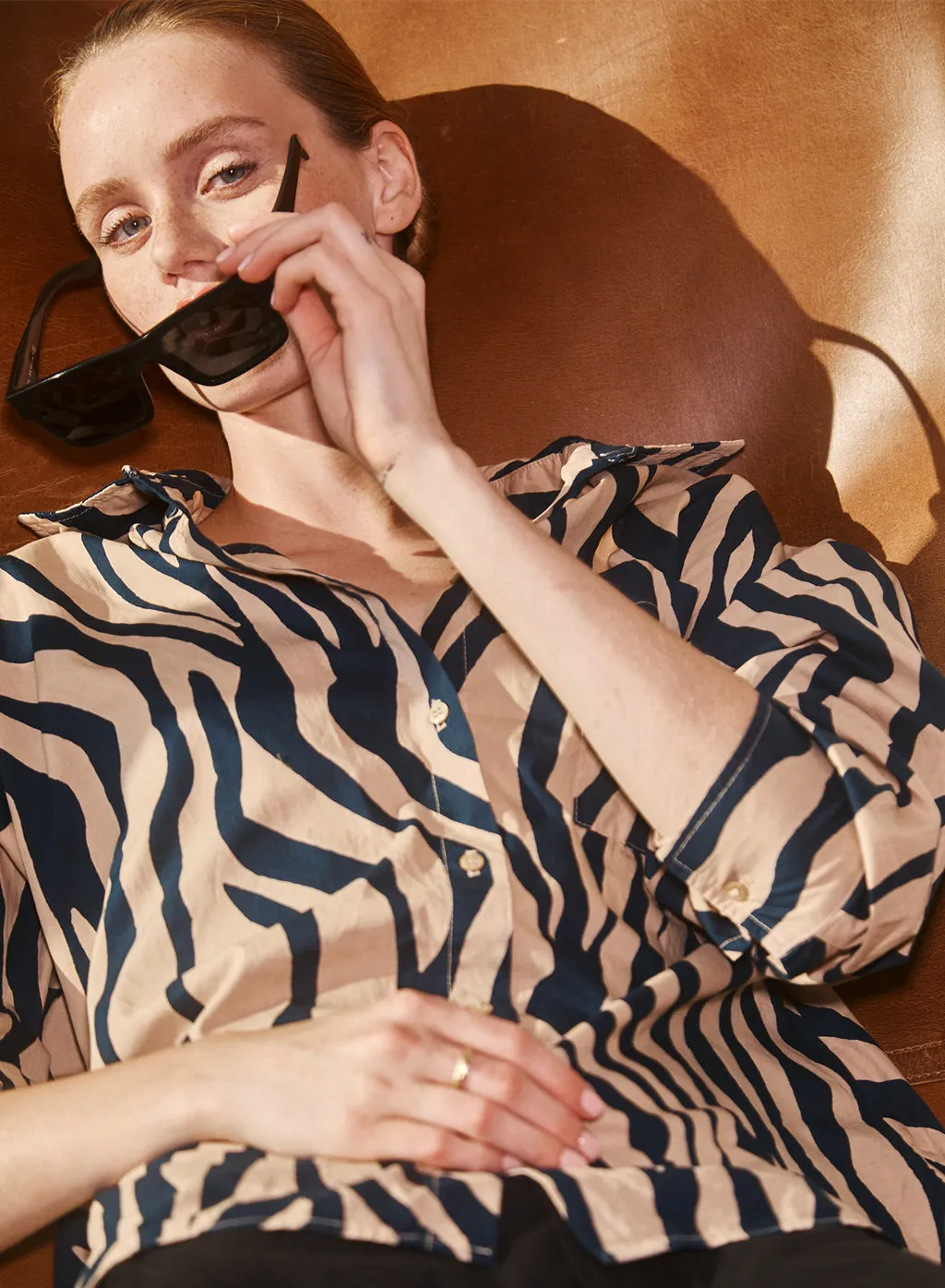 Zebra Voile Oversized Shirt in Almond sold by Stateside