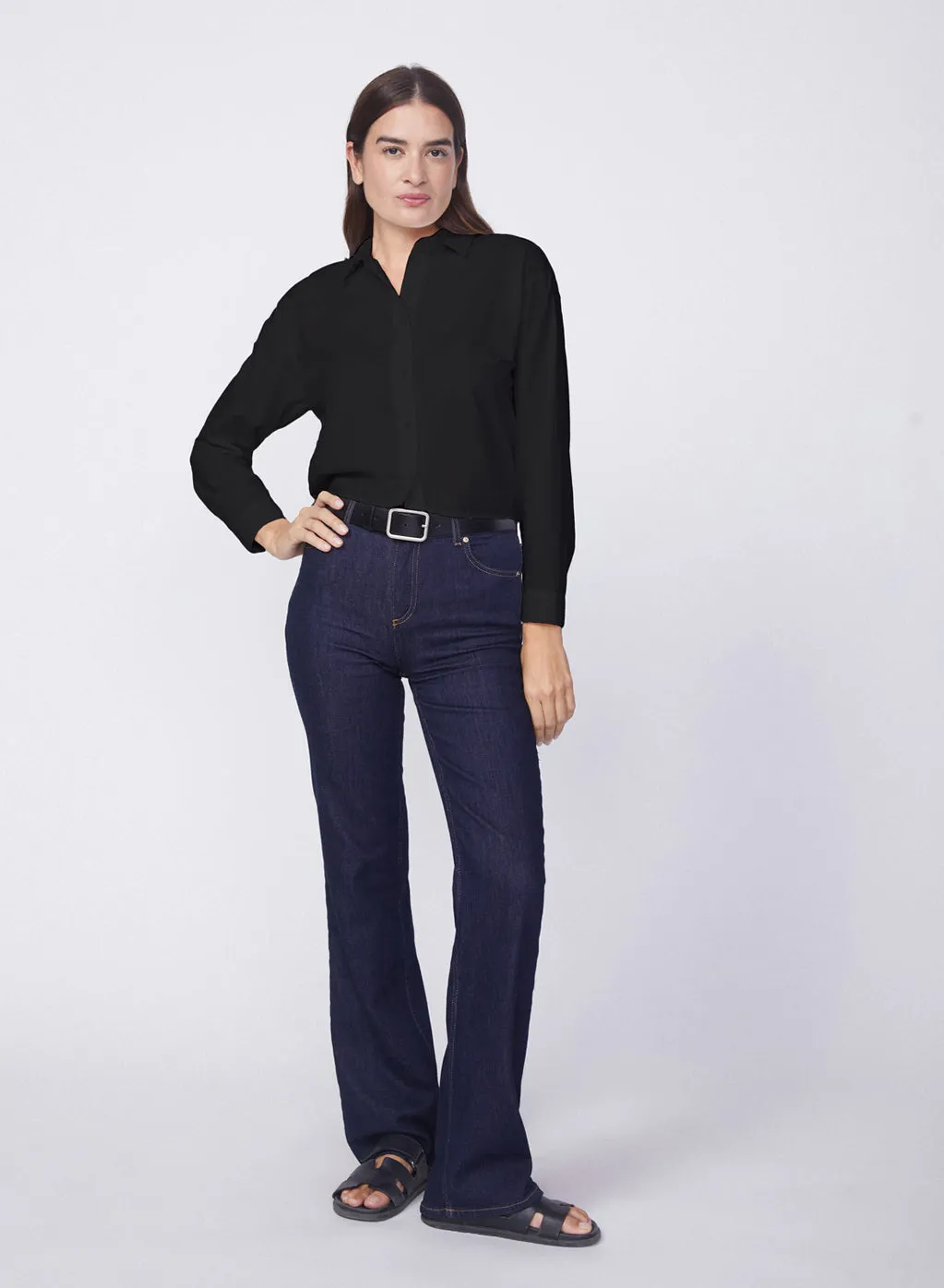 Voile Elastic Back Cropped Shirt in Black sold by Stateside