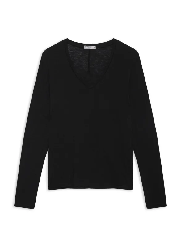 Supima Slub Jersey Long Sleeve V-Neck in Black sold by Stateside