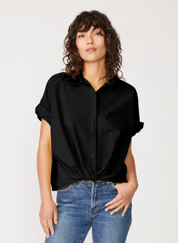 Voile Short Sleeve Front Twist Button Up Shirt in Black sold by Stateside