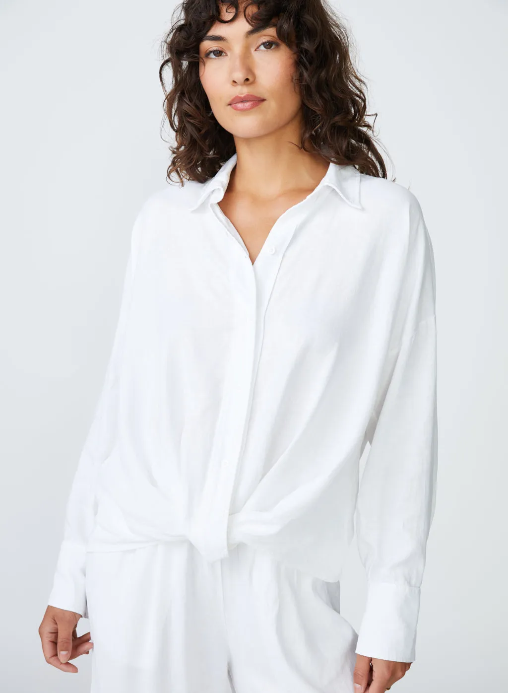 Linen Long Sleeve Front Twist Shirt in White sold by Stateside product image thumbnail 4