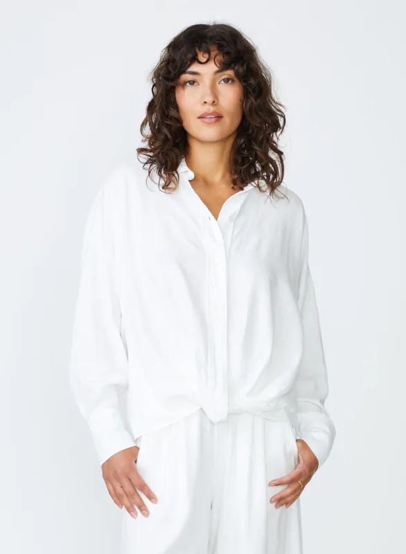 Linen Long Sleeve Front Twist Shirt in White made by Stateside