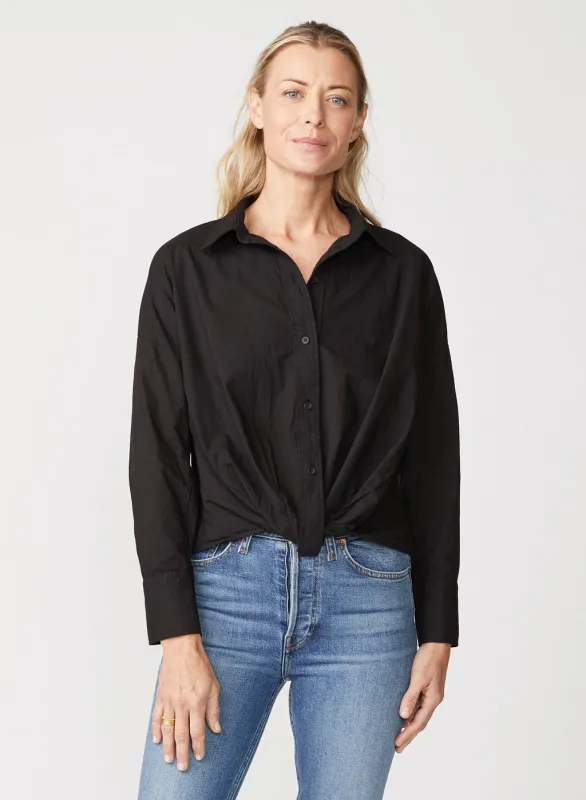 Voile Long Sleeve Front Twist Button Up Shirt in Black sold by Stateside