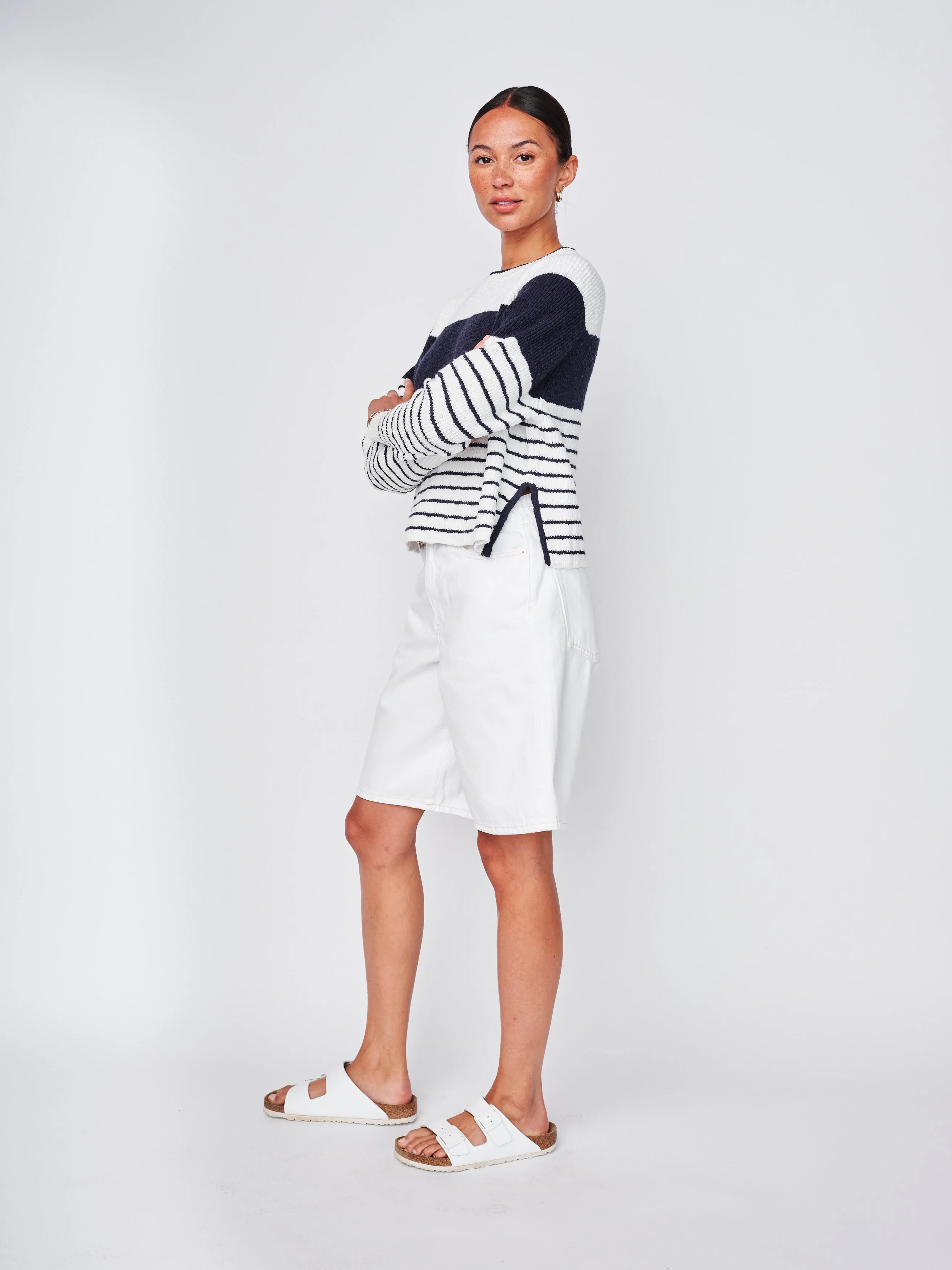 Sailor Stripe Pullover Sweater in White/New Navy sold by Stateside