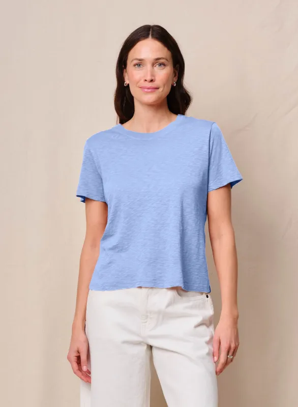 Supima Slub Jersey Short Sleeve Crew & Softest Fleece Dolphin Short in Summer Sky made by Stateside