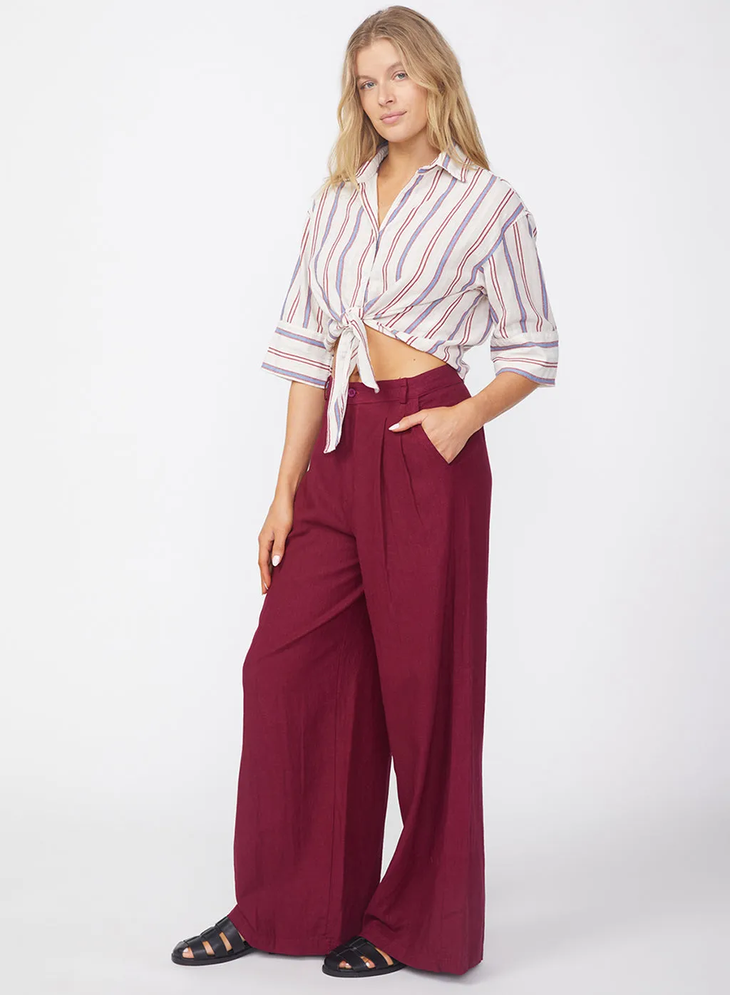 Luxe 2x1 Rib 90's Tank & Linen Wide Leg Trouser Set in Bordeaux sold by Stateside product image thumbnail 3