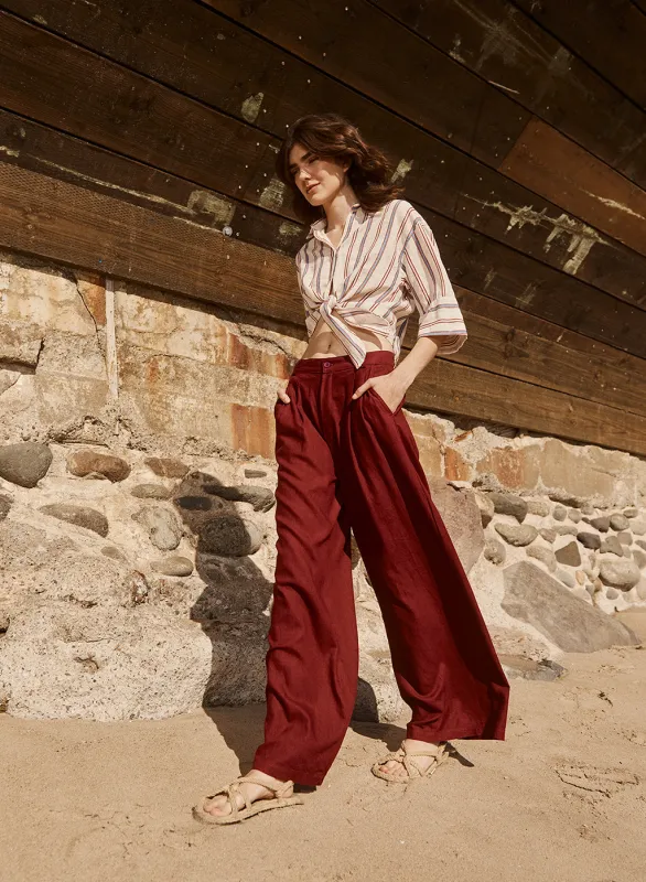 Luxe 2x1 Rib 90's Tank & Linen Wide Leg Trouser Set in Bordeaux sold by Stateside