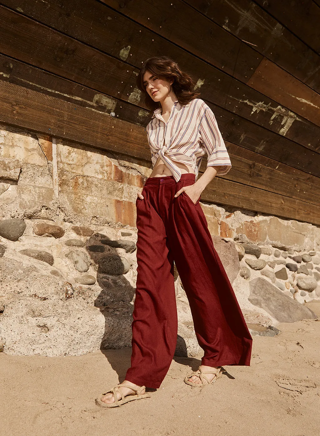 Luxe 2x1 Rib 90's Tank & Linen Wide Leg Trouser Set in Bordeaux sold by Stateside